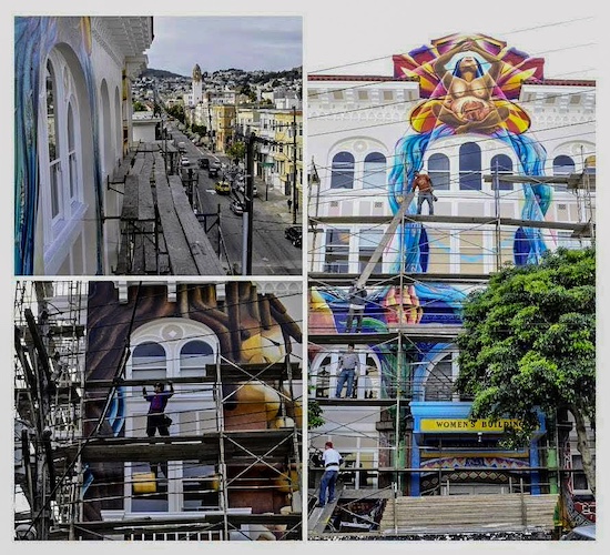 Collage of images showing the restoration of a vibrant mural on the Women's Building. Scaffolding surrounds the structure as artists work on different sections, emphasizing the preservation of cultural heritage